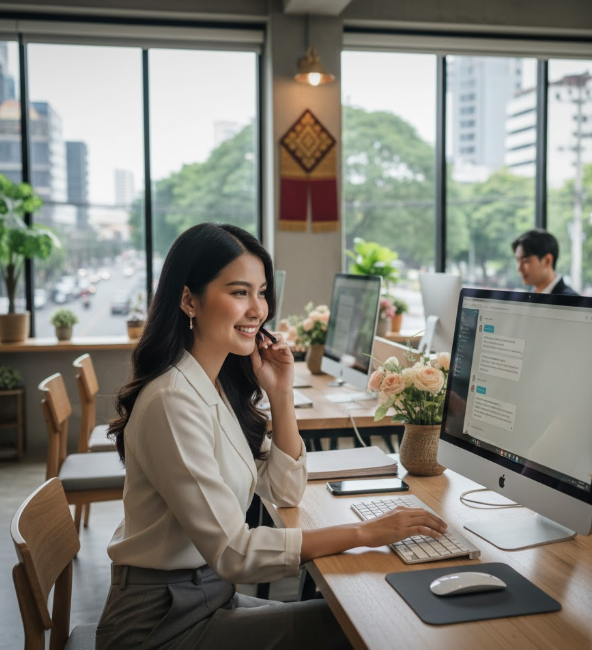 ผู้หญิงไทยสวย ผมดำ สวมเสื้อเชิ้ตสีขาว ยิ้มและใช้หูฟังตอบลูกค้า ขณะนั่งทำงานคอมพิวเตอร์ในออฟฟิศสมัยใหม่ที่สว่างสดใส มองเห็นทิวทัศน์เมืองไทยด้านนอก